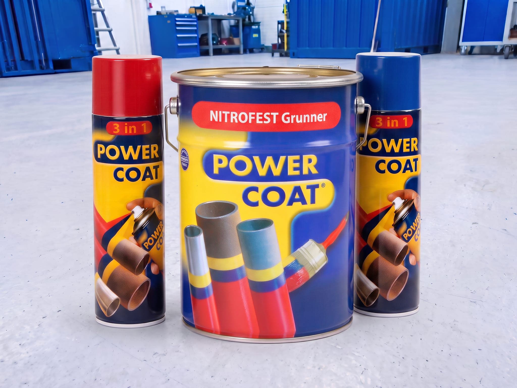 Power Coat-spann og to spraybokser med rødt og blått lokk