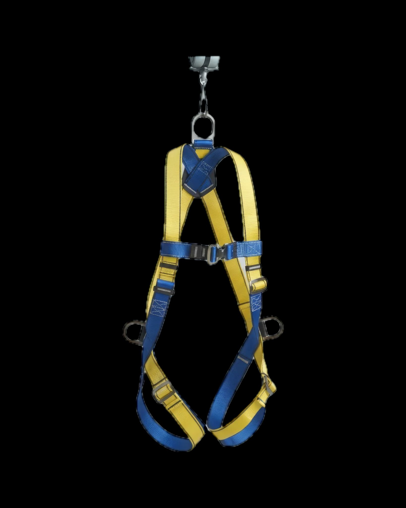 Gul og blå fallsele hengt opp i ryggfestet