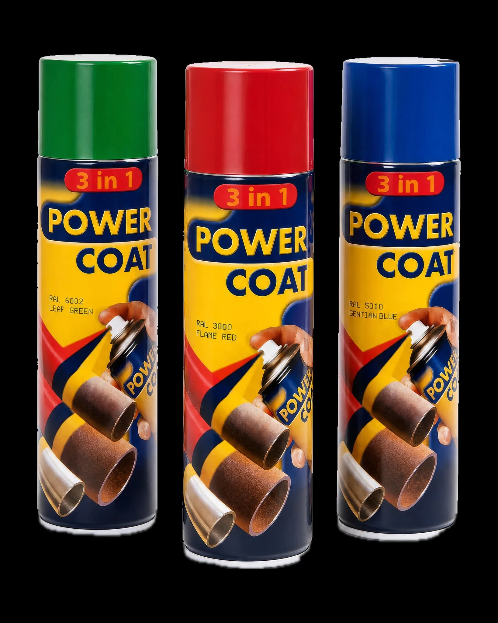 Tre Power Coat 3 in 1 spraybokser i grønn, rød og blå