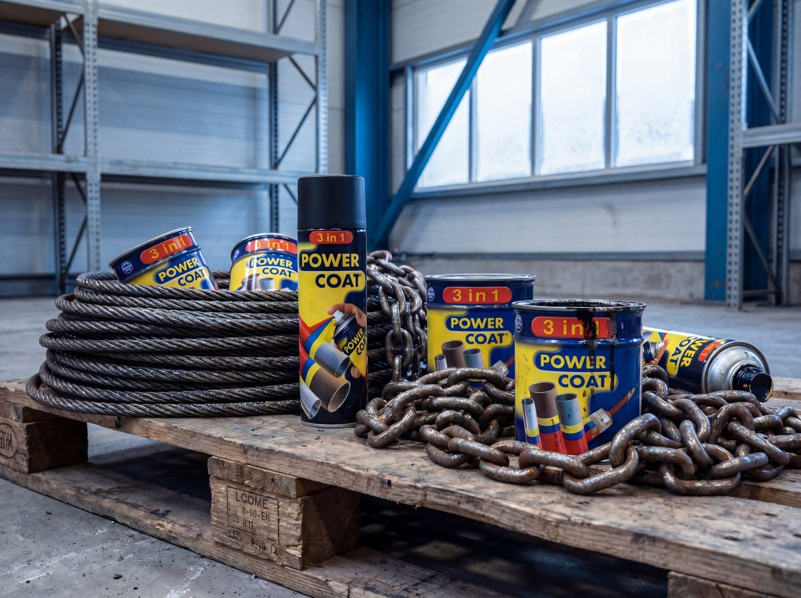 Ståltau, kjetting og Power Coat-spraybokser klargjort på pall i lageret